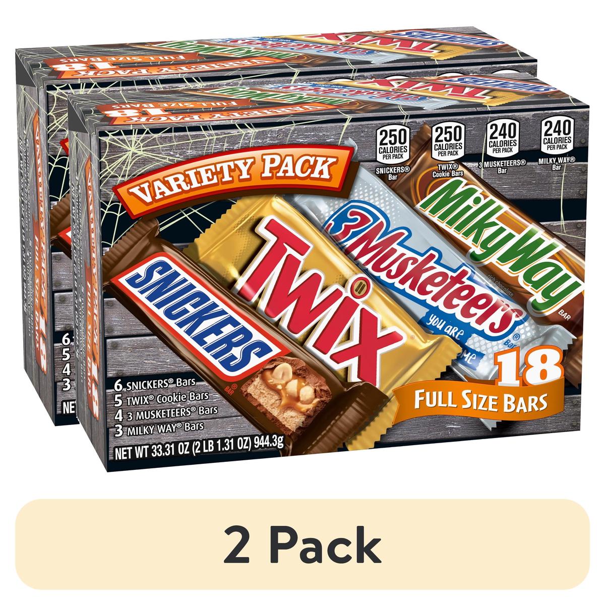 (2 pack) Snickers, Twix, Milky Way & 3 Musketeers Variety pack Halloween Milk Chocolate Candy Bars -18 Count Box - Fruity Variety Pack | Single